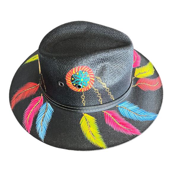 HAT MEXICAN Artisanal Hand Painted Fedora Floral Sombrero Panama Bohemian Black main image 8